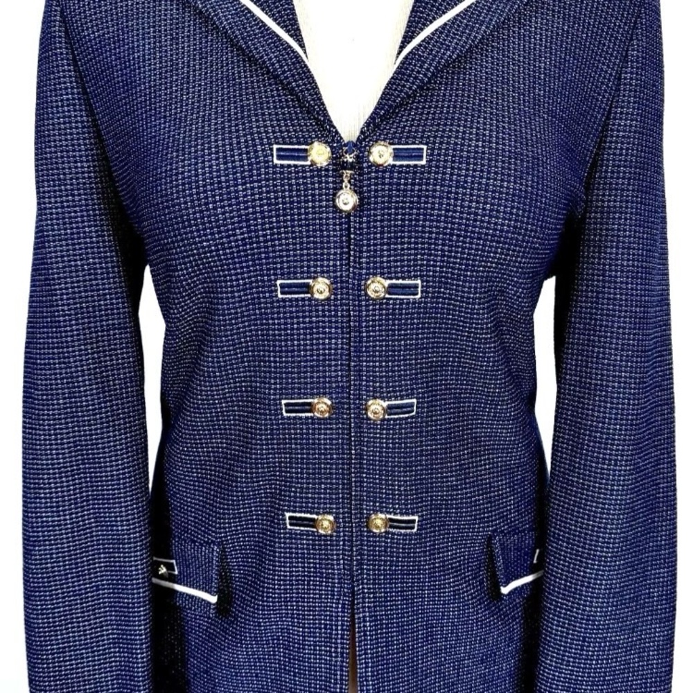 St John Knit Long Jacket Navy white zip gold logo buttons size 14
